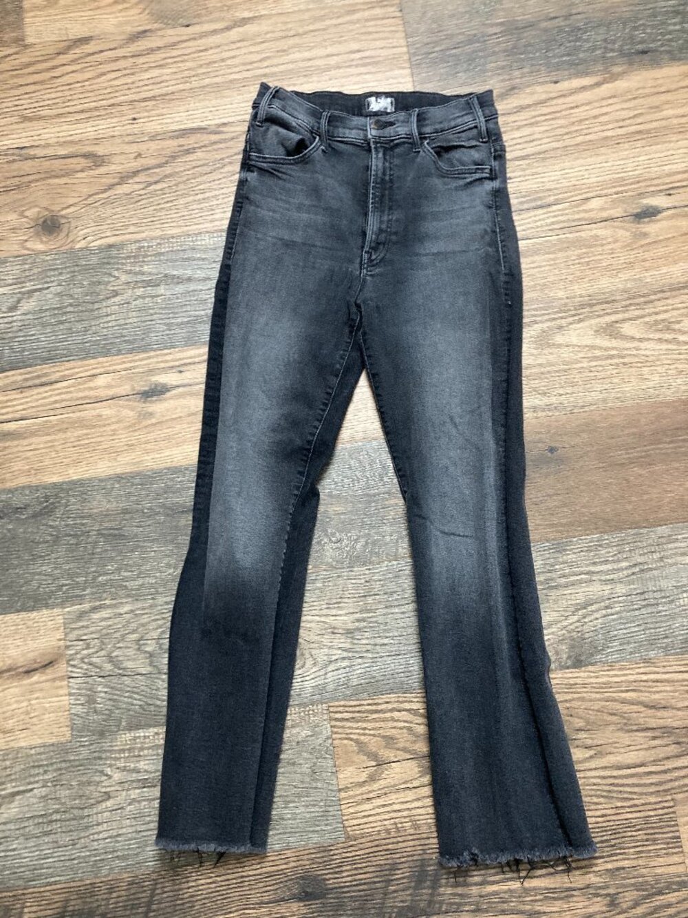 MOTHER The Hustler Jeans Women’s 27 Black High Rise Flare Raw Hem Stretch
